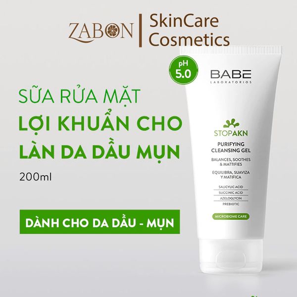 Bộ đôi làm sạch và phục hồi da dầu mụn BABE Stop AKN Purifying Cleansing Gel + Repairing Moisturiser 50ml