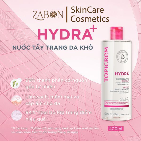 Nước tẩy trang Topicrem HYDRA+ Gentle Micellar Water dành cho nhạy cảm 400ml