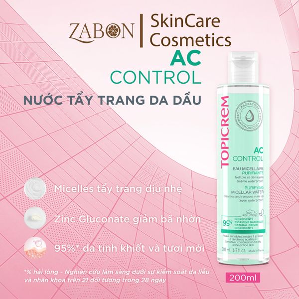 Nước tẩy trang Topicrem AC CONTROL Purifying Micellar Water dành cho da dầu mụn 200ml