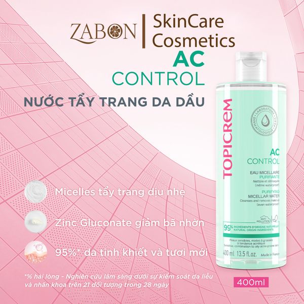 Nước tẩy trang Topicrem AC CONTROL Purifying Micellar Water dành cho da dầu mụn 400ml