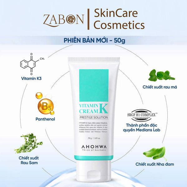 Kem Dưỡng Ahohwa Vitamin K Cream Phục Hồi Da Mỏng Đỏ, Giãn Mao Mạch, Làm Dịu Da 50g