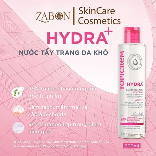 Nước tẩy trang Topicrem HYDRA+ Gentle Micellar Water dành cho nhạy cảm 200ml