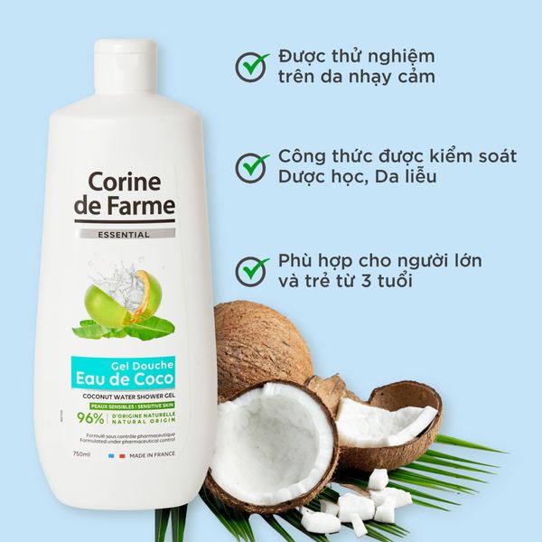 Gel tắm Corine De Farme Essential Coconut Water Shower Gel 750ml