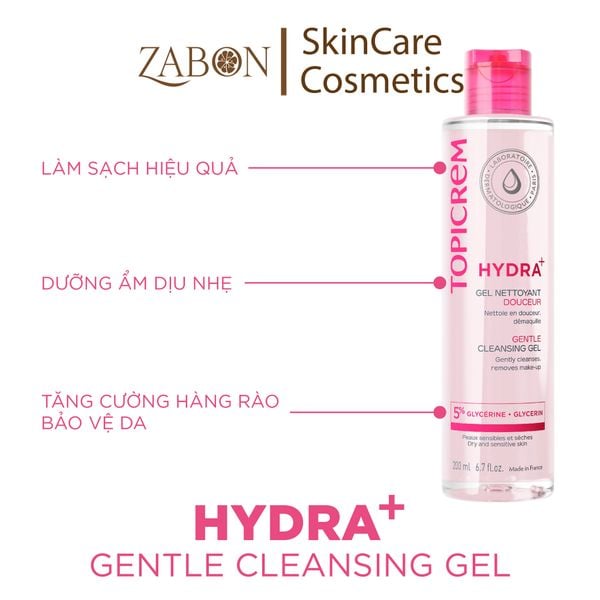 Gel rửa mặt Topicrem HYDRA+ Gentle Cleansing Gel không chứa xà phòng dành cho da khô và nhạy cảm 200ml