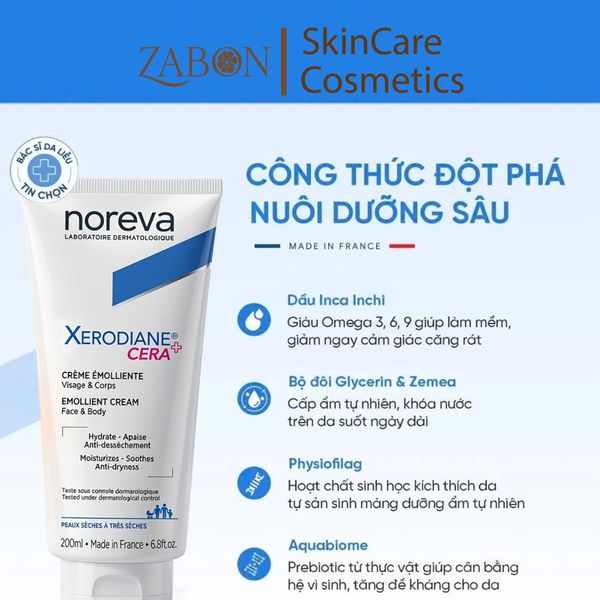 Kem Noreva Xerodiane CERA+ Emollient Cream Dưỡng Ẩm Cho Da Nhạy Cảm 200ml