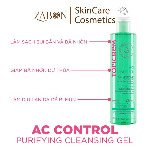 Gel rửa mặt Topicrem AC CONTROL Purifying Cleansing Gel - Rửa mặt nhẹ nhàng, không chứa xà phòng 400ml