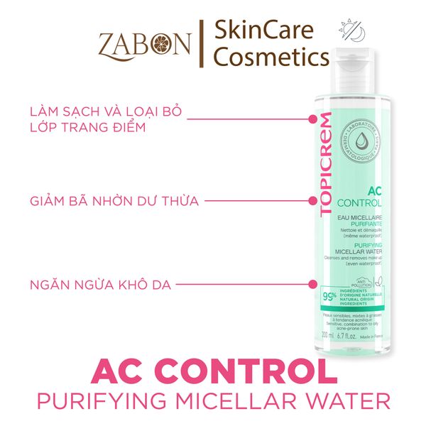 Nước tẩy trang Topicrem AC CONTROL Purifying Micellar Water dành cho da dầu mụn 200ml