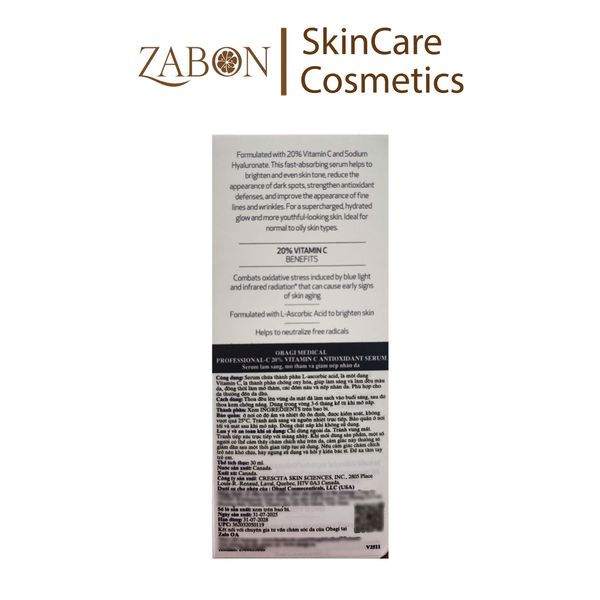 Serum Obagi Professional-C 20% chống oxy hóa, làm đều màu da chứa vitamin C 30ml