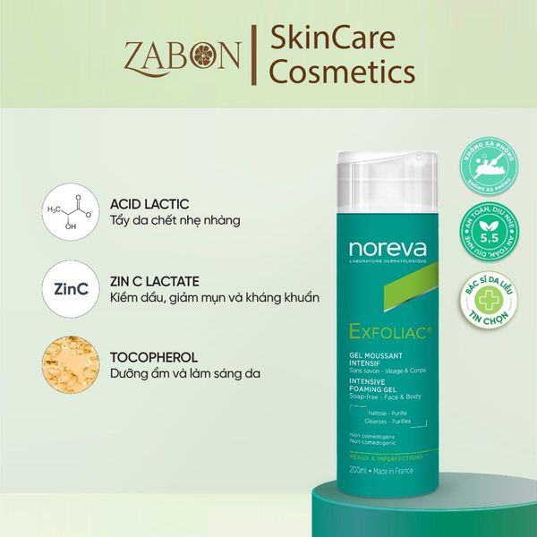 Gel rửa mặt Noreva Exfoliac Intensive Foaming hỗ trợ làm sâu dịu nhẹ cho da dầu mụn 200ml