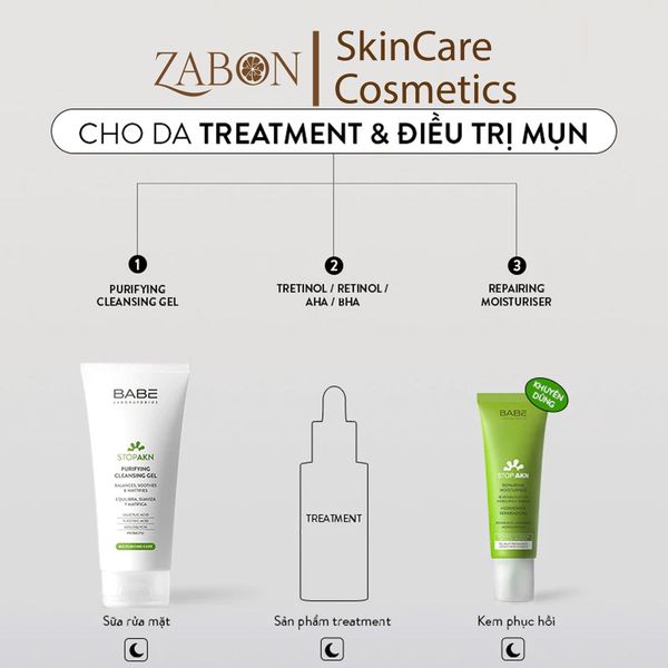Bộ đôi làm sạch và phục hồi da dầu mụn BABE Stop AKN Purifying Cleansing Gel + Repairing Moisturiser 50ml