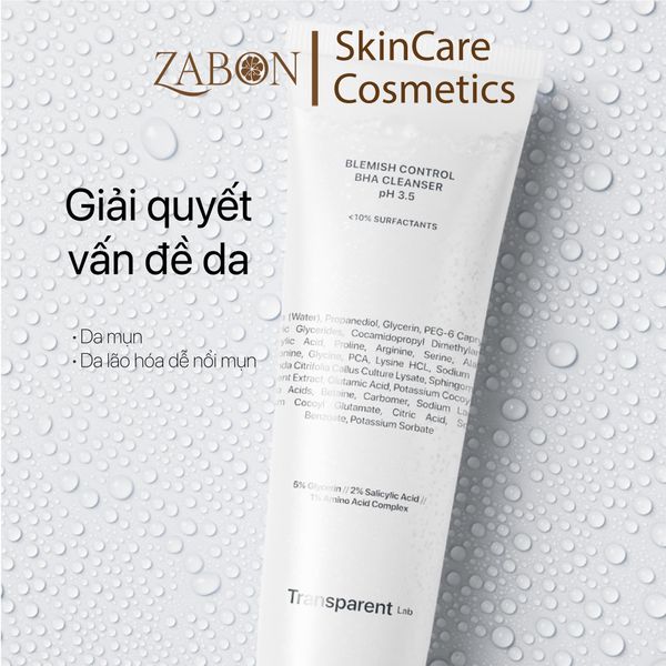 Sữa rửa mặt TRANSPARENT BLEMISH CONTROL BHA CLEANSER PH 3.5 kiểm soát mụn 150ml