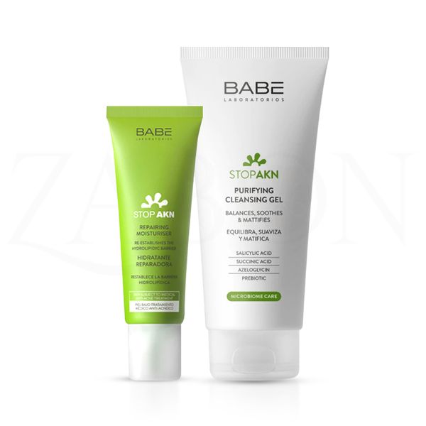 Bộ đôi làm sạch và phục hồi da dầu mụn BABE Stop AKN Purifying Cleansing Gel + Repairing Moisturiser 50ml