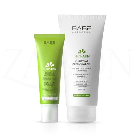 Bộ đôi làm sạch và phục hồi da dầu mụn BABE Stop AKN Purifying Cleansing Gel + Repairing Moisturiser 50ml