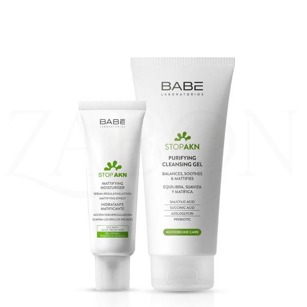 Bộ đôi làm sạch và dưỡng ẩm, giảm mụn, giảm nhờn BABE Stop AKN Purifying Cleansing Gel + Mattifying Moisturiser 50ml
