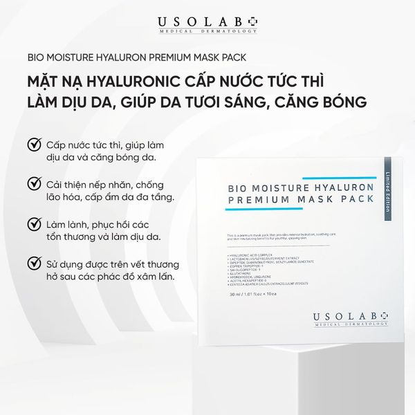Mặt nạ cấp nước Usolab Bio Moisture Hyaluron Premium Mask Pack, làm dịu da, giúp da tươi sáng, căng bóng