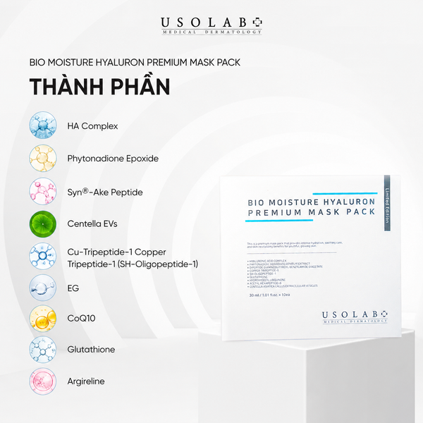 Mặt nạ cấp nước Usolab Bio Moisture Hyaluron Premium Mask Pack, làm dịu da, giúp da tươi sáng, căng bóng