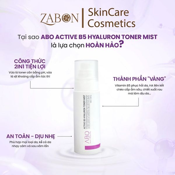 [HSD 02/2026] Xịt khoáng 2in1 B5 HYALURON TONER MIST ABO Giúp cấp ẩm, căng bóng da, phục hồi da và chống lão hóa 100ml