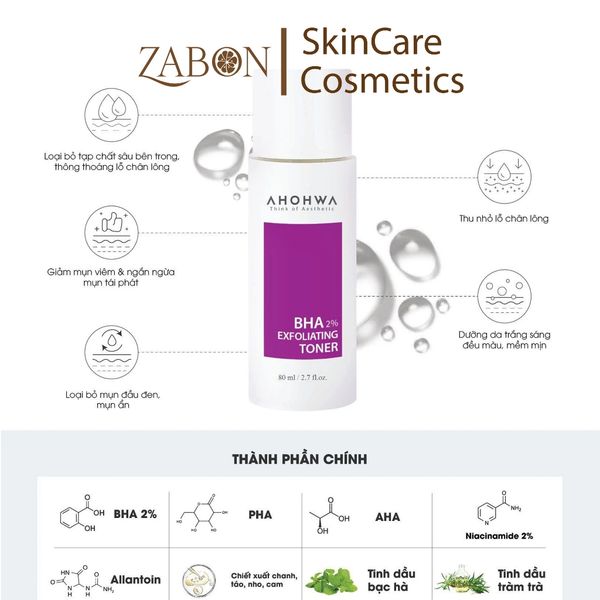 AHOHWA BHA 2% Exfoliating Toner - Hỗ trợ giảm mụn, làm sạch bã nhờn, thu nhỏ lỗ chân lông (80ml)