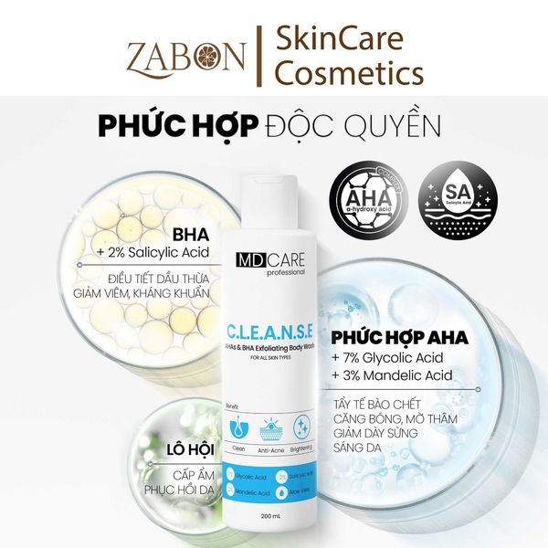 Sữa tắm giảm mụn & Tẩy tế bào chết MD care AHAs & BHA Exfoliating Body Wash 200ml