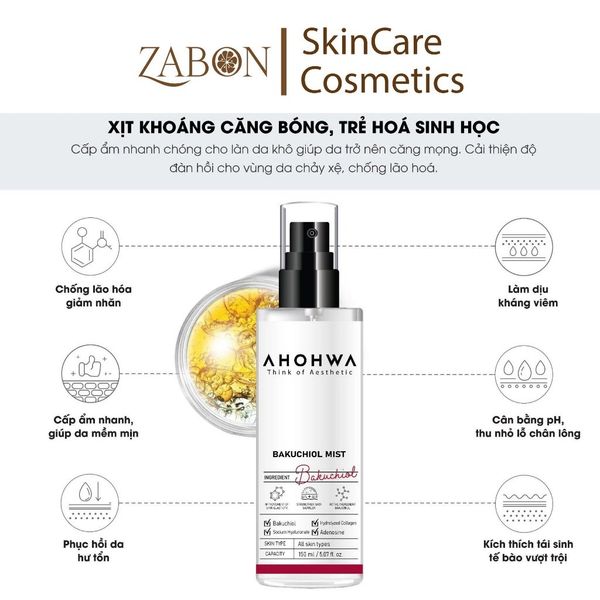 Xịt khoáng căng bóng trẻ hóa AHOHWA Bakuchiol Mist 150ml - Chống lão hóa, cấp ẩm, làm dịu