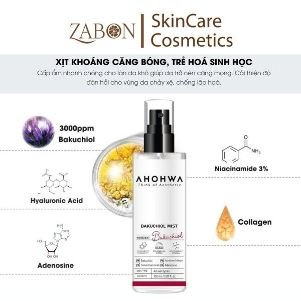 Xịt khoáng căng bóng trẻ hóa AHOHWA Bakuchiol Mist 150ml - Chống lão hóa, cấp ẩm, làm dịu
