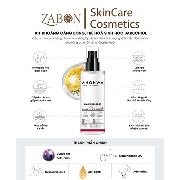 Xịt khoáng căng bóng trẻ hóa AHOHWA Bakuchiol Mist 150ml - Chống lão hóa, cấp ẩm, làm dịu