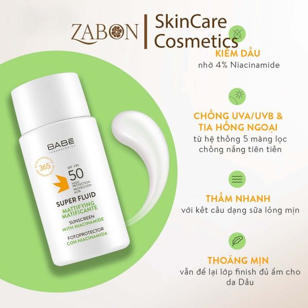 Kem chống nắng BABE Super Fluid Mattifying sunscreen SPF 50 phổ rộng, kiểm soát dầu 50ml