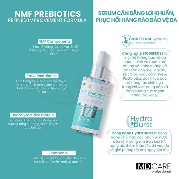 Serum cân bằng lợi khuẩn, phục hồi hàng rào bảo vệ da MD CARE NMF Prebiotics Serum – Refined Improvement Formula 30ml