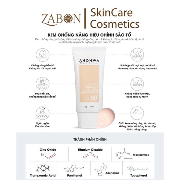 Kem chống nắng Ahohwa Inten Cure Shield Plus Mild Sun Cream SPF50+/PA++++ 50g