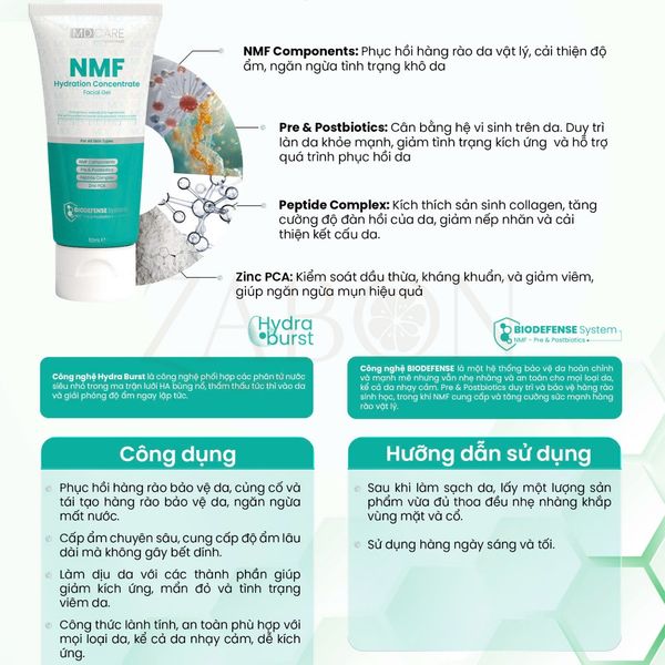 Gel kiểm soát dầu, tái tạo và phục hồi hàng rào bảo vệ da MD care NMF Hydration Concentrate Facial Gel 50ml