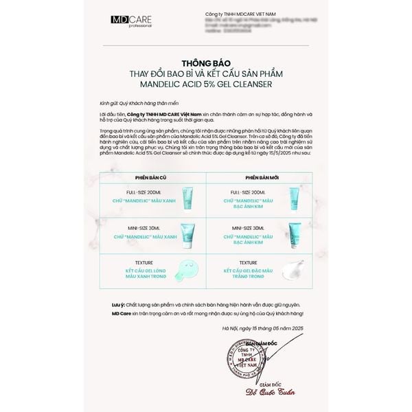 Sữa rửa mặt dạng gel sạch sâu và tẩy tế bào chết nhẹ nhàng MD CARE Mandelic Acid 5% Gel Cleanser 30ml