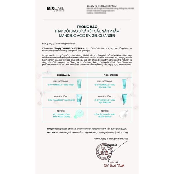 Sữa rửa mặt dạng gel sạch sâu và tẩy tế bào chết nhẹ nhàng MD CARE Mandelic Acid 5% Gel Cleanser 200ml