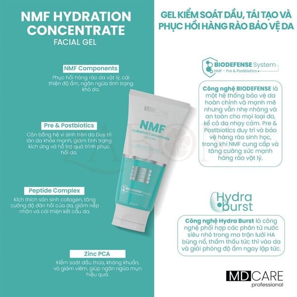 Gel kiểm soát dầu, tái tạo và phục hồi hàng rào bảo vệ da MD care NMF Hydration Concentrate Facial Gel 50ml