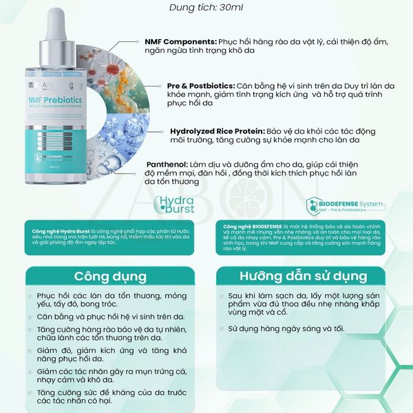 Serum cân bằng lợi khuẩn, phục hồi hàng rào bảo vệ da MD CARE NMF Prebiotics Serum – Refined Improvement Formula 30ml