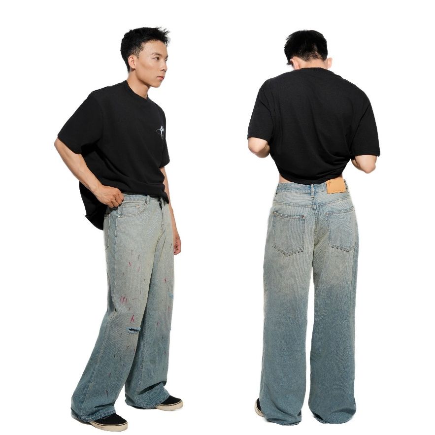 Quần bò nam dáng đứng ống rộng streetwear PAINT DENIM & MY LIFE, quần jean vẩy sơn rách gối