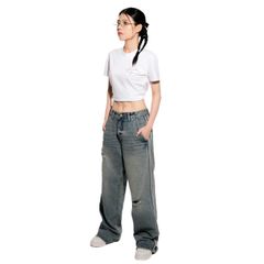 Quần jean unisex dáng suông ống rộng phong cách streetwear STRIPED DÀI dày dặn