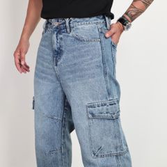 Quần jeans CARGO PANT UNISEX BLUE, ống suông thiết kế túi hộp túi lớn (QJ15)