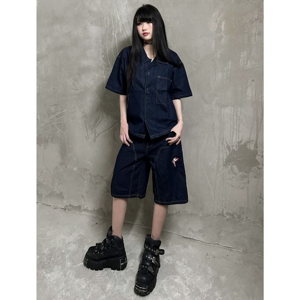 Bộ Short Jeans Venom DENIM & MY LIFE form Boxy Logo Thêu XANH NHẠT (SDN04)