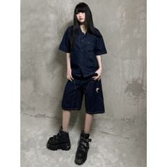 Bộ Short Jeans Venom DENIM & MY LIFE form Boxy Logo Thêu XANH NHẠT (SDN04)