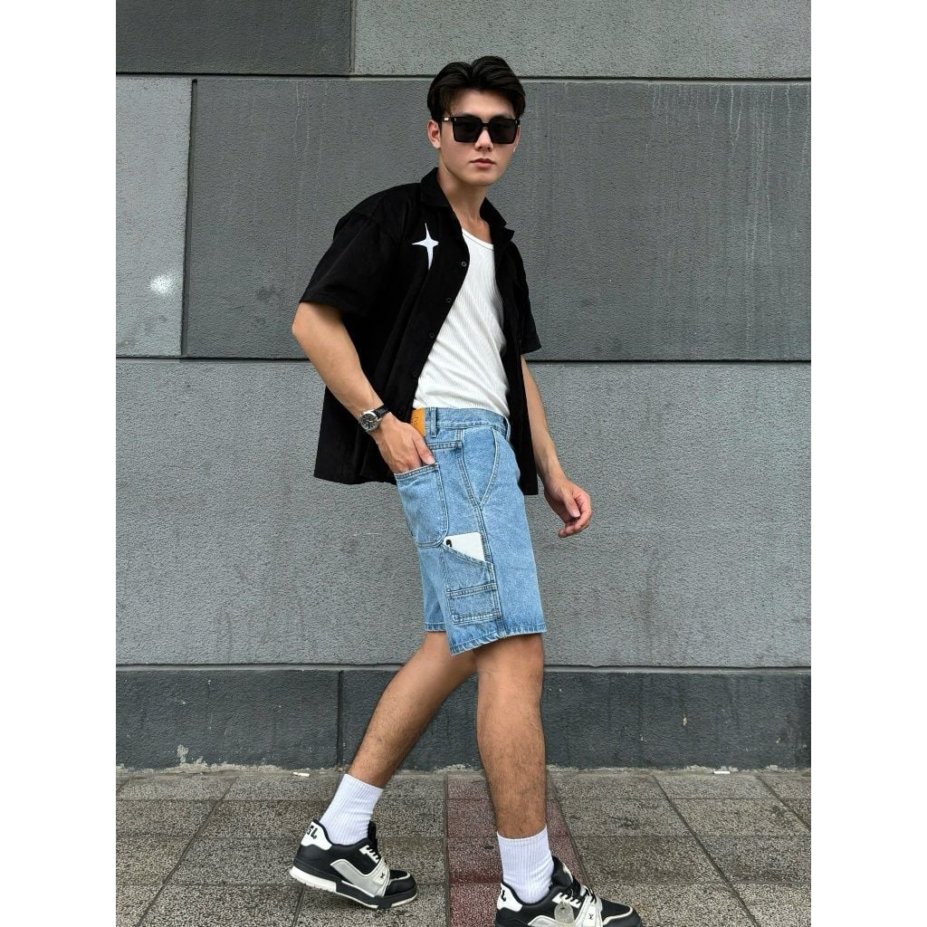 Quần short jean nam thiết kế độc quyền với nhiều túi, dáng thể thao năng động, quần đùi bò thể thao