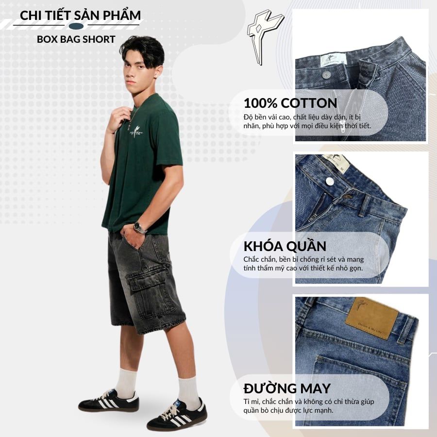 Quần short jean BOX BAG SHORT thiết kế túi hộp lớn phong cách, quần bò đùi unisex cá tính