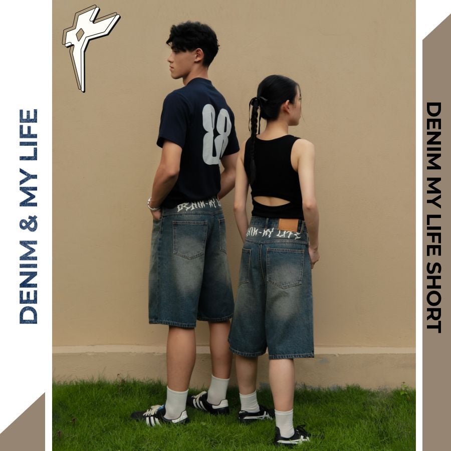 Quần đùi bò mài nam in DENIM MY LIFE SHORT, quần jean nam ngang gối dày dặn, đường may kĩ