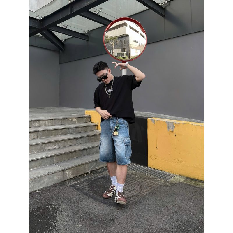 Quần short jean BOX BAG SHORT thiết kế túi hộp lớn phong cách, quần bò đùi unisex cá tính