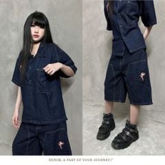 Bộ Short Jeans Venom DENIM & MY LIFE form Boxy Logo Thêu XANH NHẠT (SDN04)
