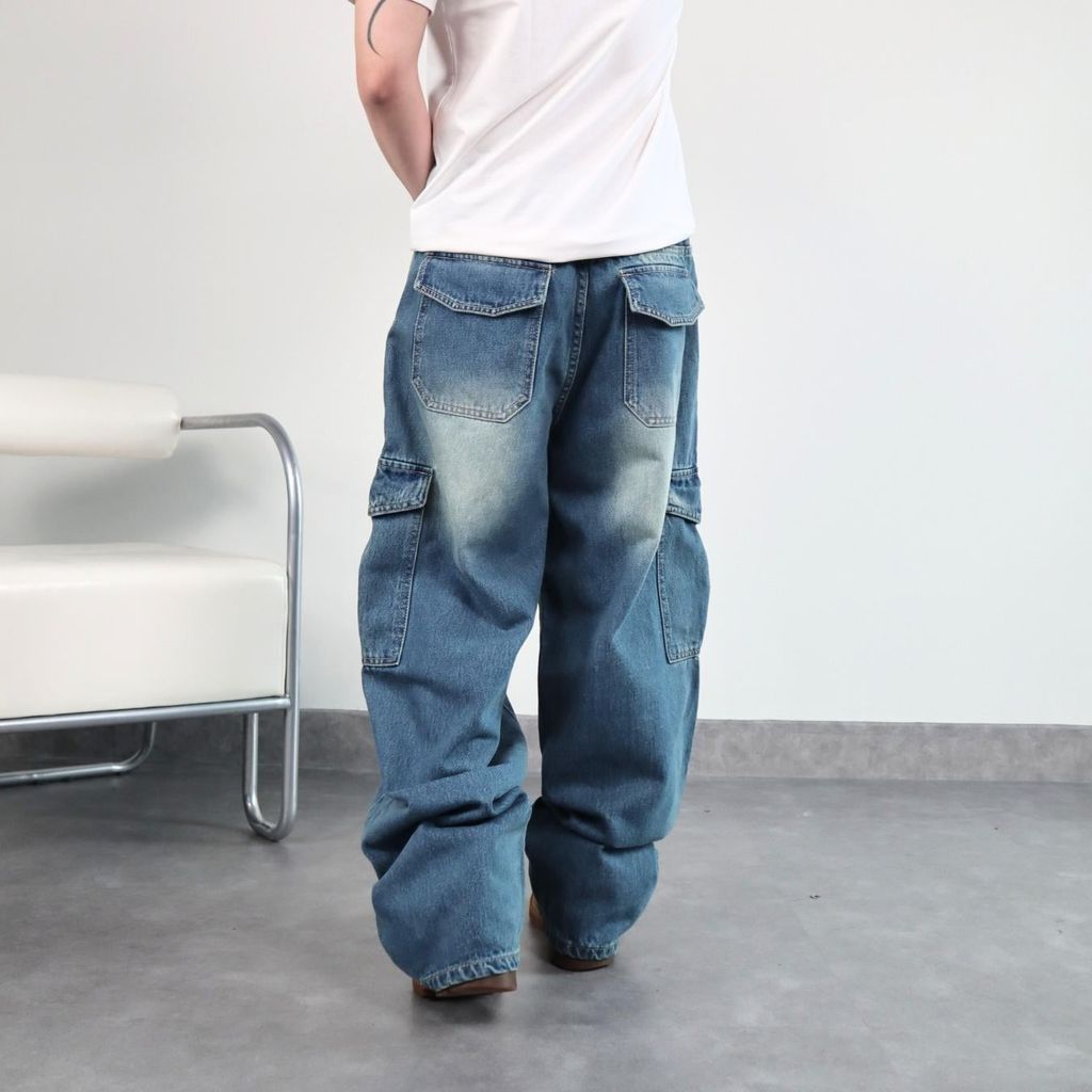 Quần jeans CARGO PANT UNISEX lưng thun, ống suông thiết kế túi hộp túi lớn (QJ14)