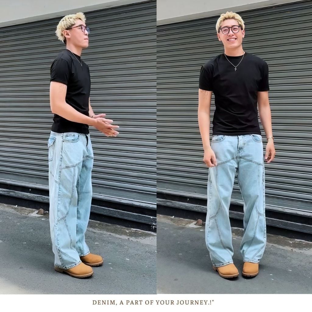 Quần jean nam phối viền DENIM & MY LIFE túi nắp ống suông streetwear, Straight Jean
