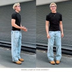 Quần jean nam phối viền DENIM & MY LIFE túi nắp ống suông streetwear, Straight Jean