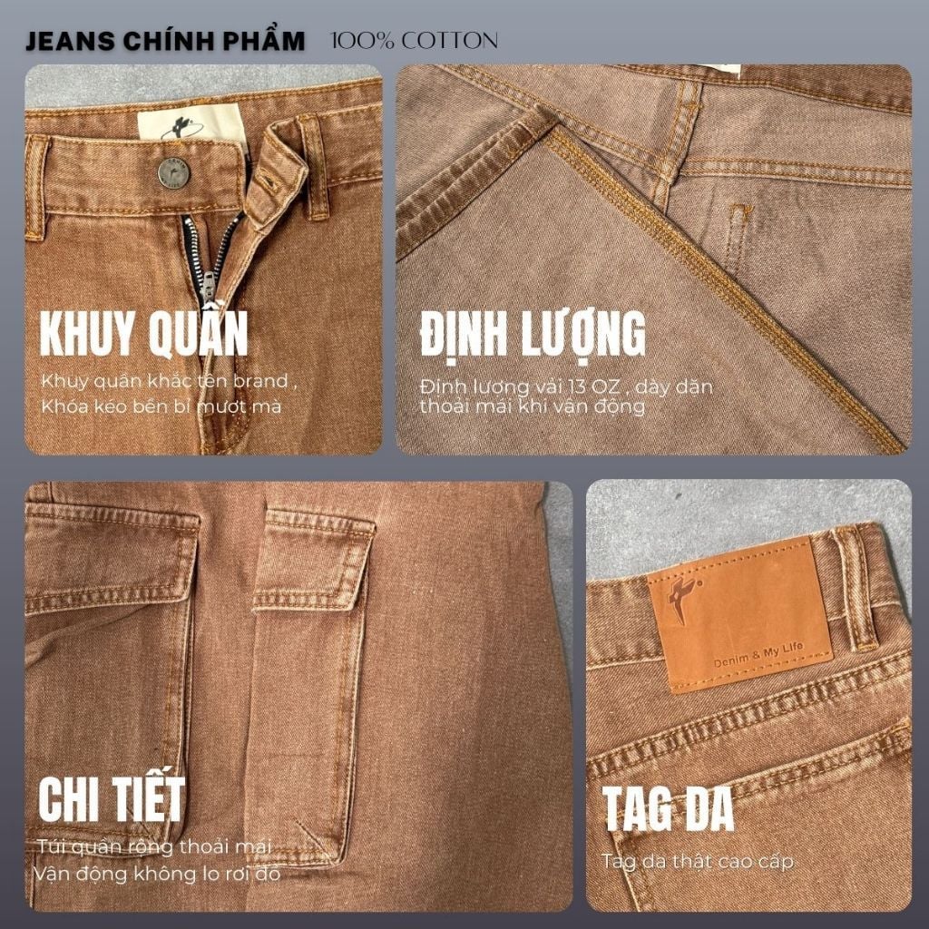 Quần Jeans Ống Rộng Nam Nữ Màu Nâu Đất Style Hàn Quốc, Quần Cargo Pant tôn dáng Denimmylife (QJ22)