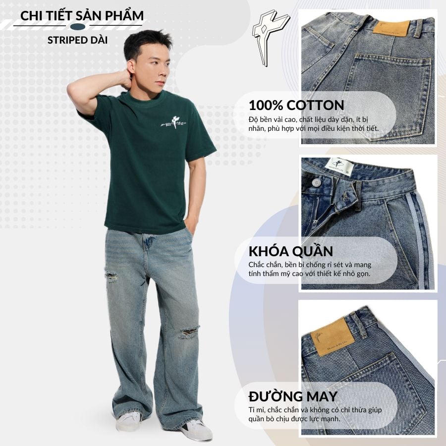 Quần jean unisex dáng suông ống rộng phong cách streetwear STRIPED DÀI dày dặn