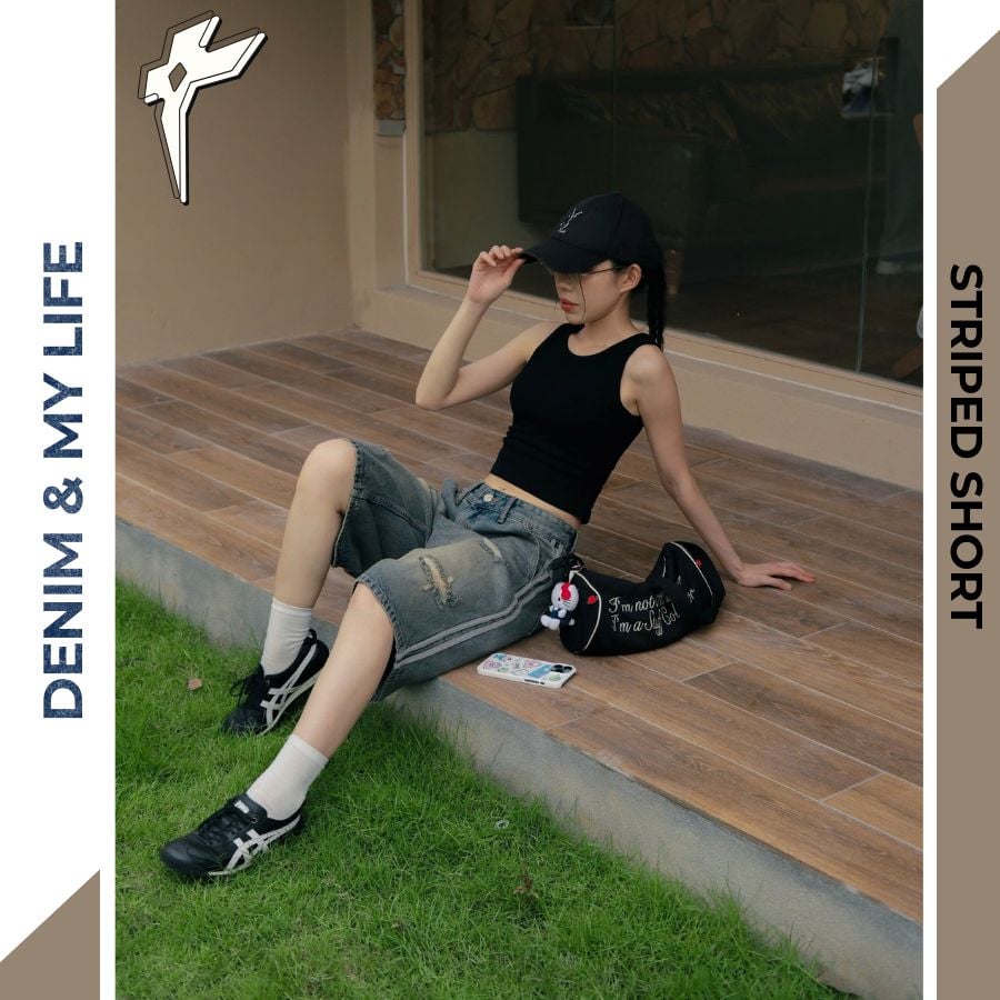 Quần short jeans STRIPED SHORT cao cấp, quần đùi bò thiết kế trẻ trung năng động
